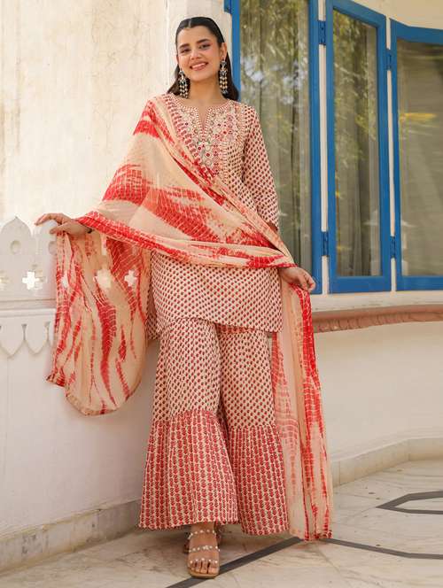 women three quarter sleeve kurta sharara with dupatta set - 21941550 - Standard Image - 0