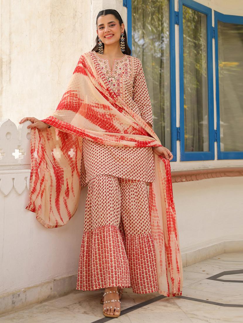 women three quarter sleeve kurta sharara with dupatta set - 21941550 - Zoom Image - 0