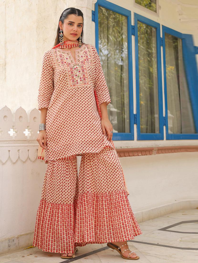 women three quarter sleeve kurta sharara with dupatta set - 21941550 - Standard Image - 5