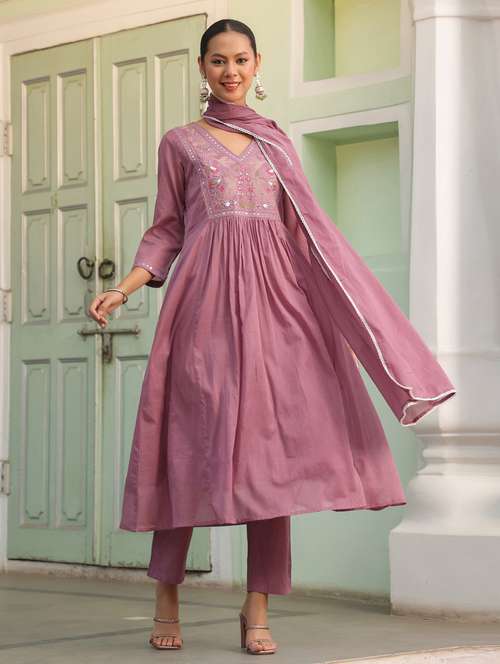 women three quarter sleeve anarkali kurta pant with dupatta set - 21941568 -  Standard Image - 0