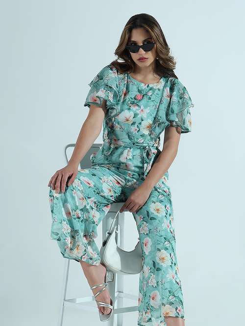 women floral print puff sleeve jumpsuit