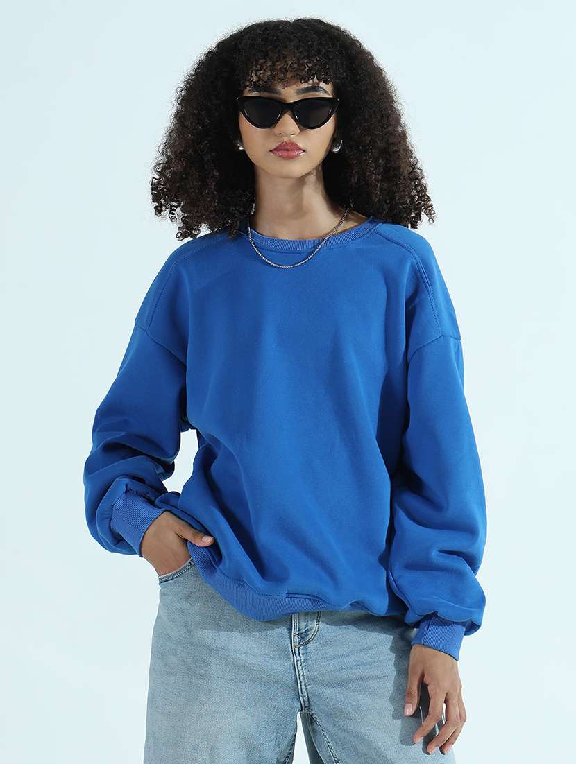 women solid long sleeve relaxed fit sweatshirt