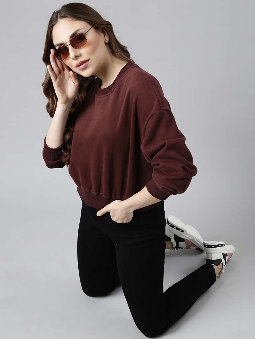 women solid long sleeve crop sweatshirt - 21941668 -  Standard Image - 5