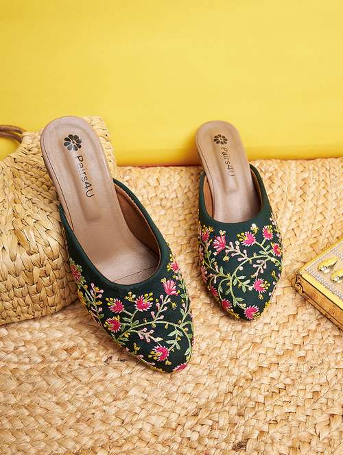 women bottle green embroidered slip on mule - 21941681 - Standard Image - 0
