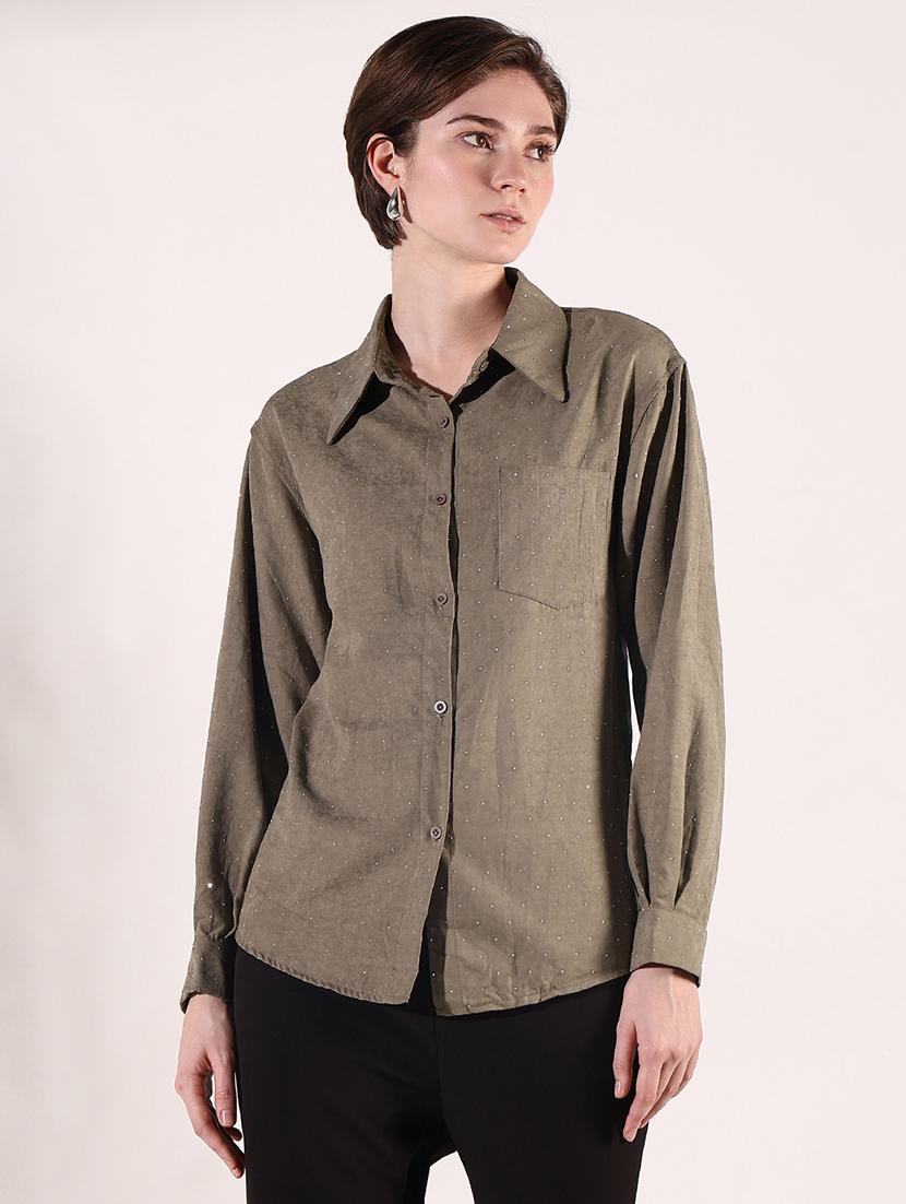women solid collared long sleeve shirt - 21941697 -  Zoom Image - 0