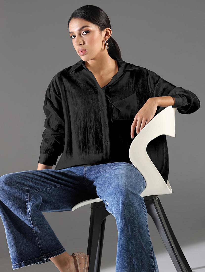 women black solid collared long sleeve ocersized shirt - 21941698 -  Zoom Image - 0