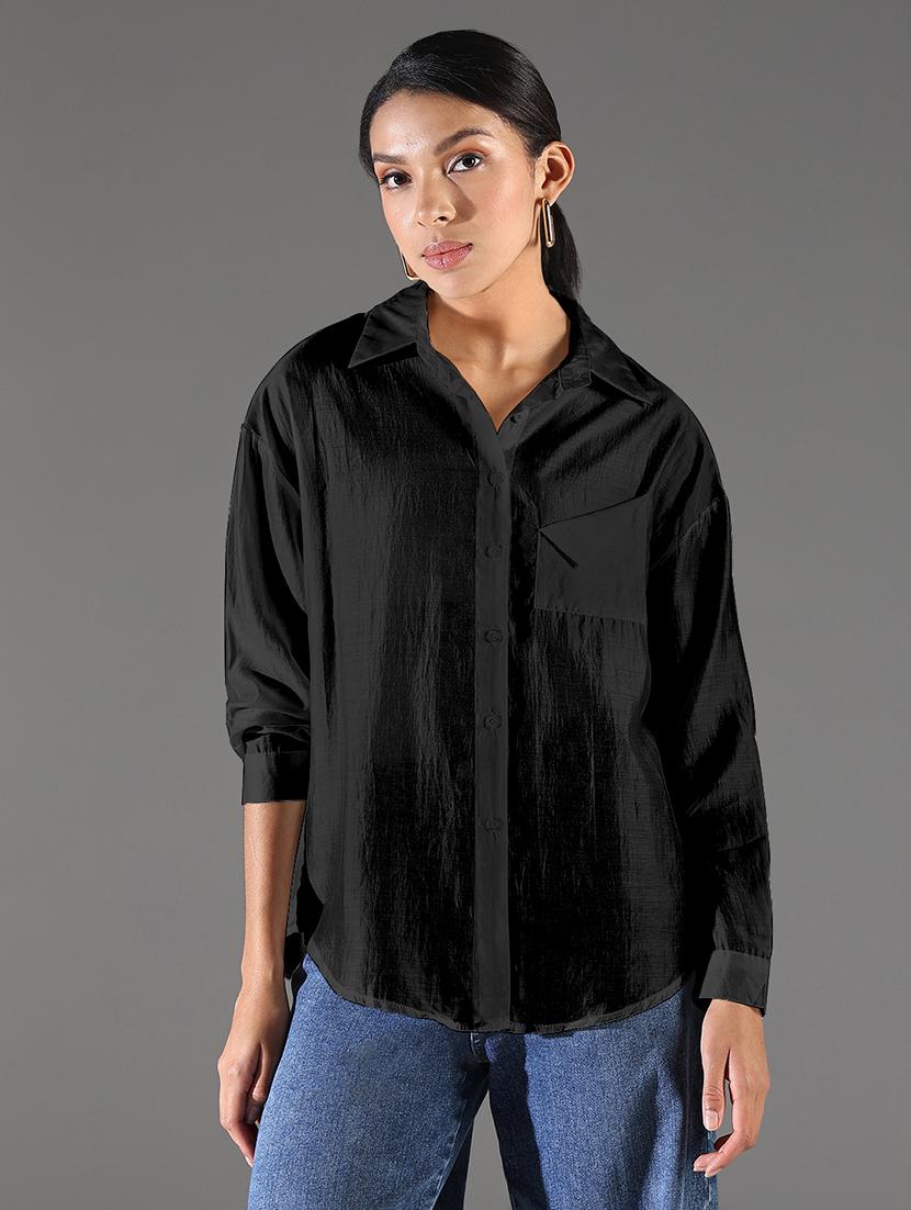 women black solid collared long sleeve ocersized shirt - 21941698 - Standard Image - 3