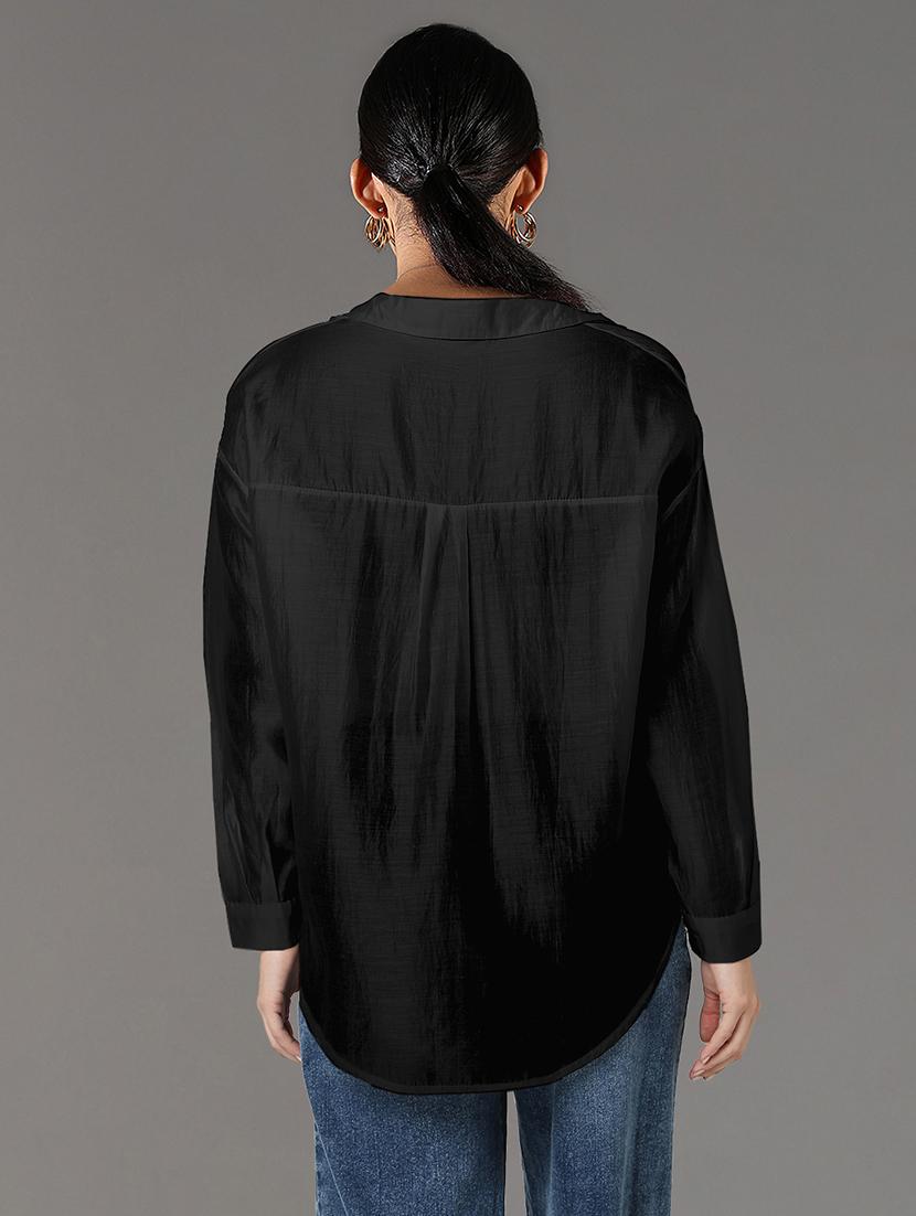 women black solid collared long sleeve ocersized shirt - 21941698 - Standard Image - 5