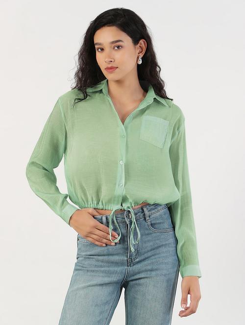 women solid collared long sleeve crop shirt - 21941699 - Standard Image - 0