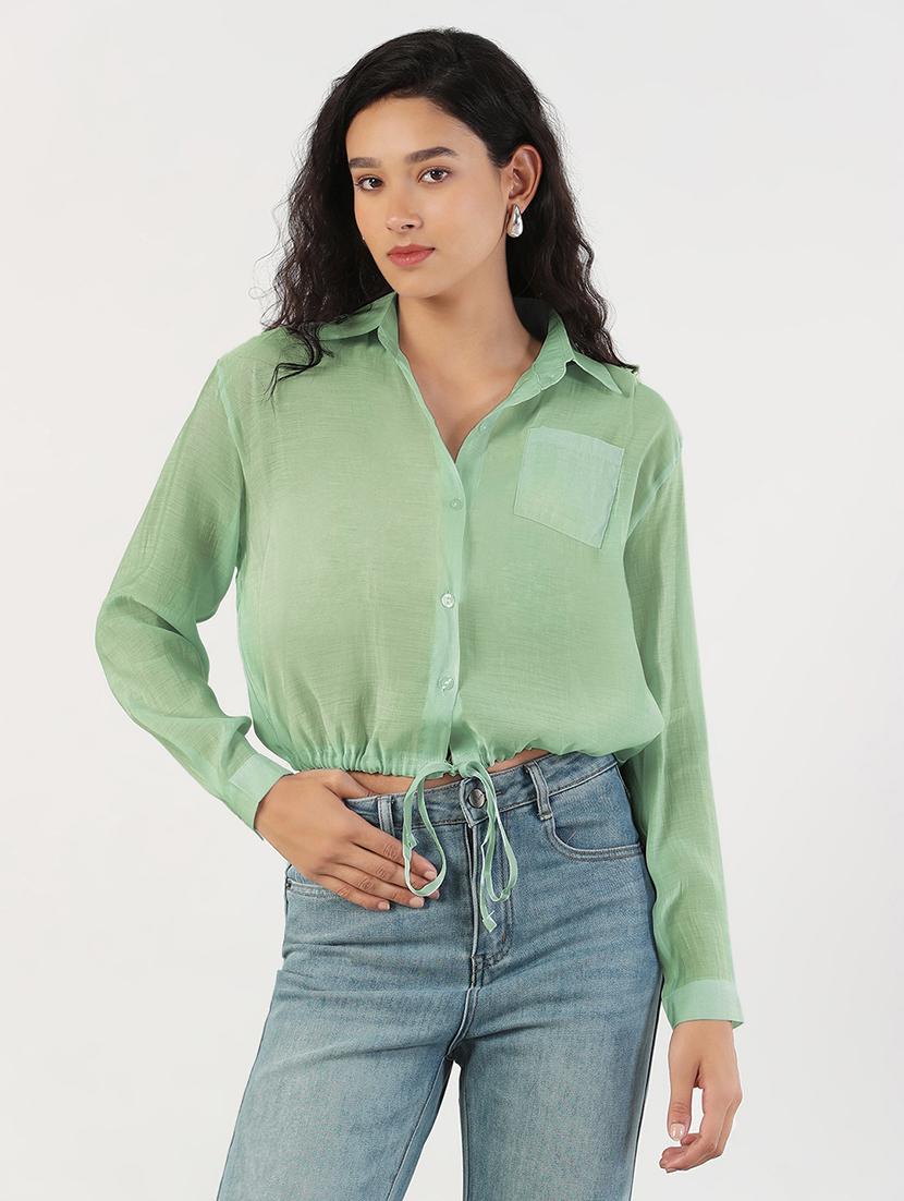 women solid collared long sleeve crop shirt - 21941699 - Zoom Image - 0