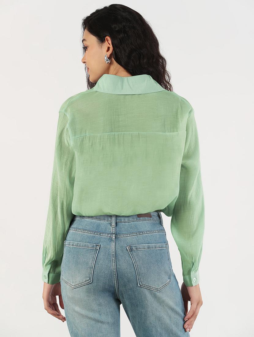 women solid collared long sleeve crop shirt - 21941699 - Standard Image - 3