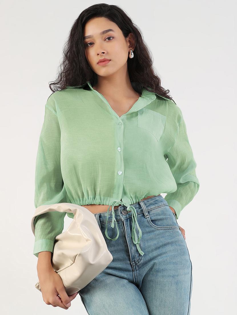 women solid collared long sleeve crop shirt - 21941699 - Standard Image - 5