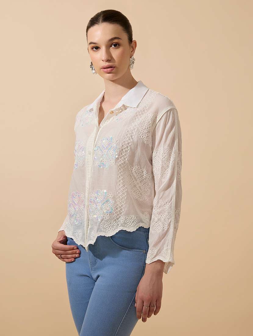 women embroidered collared long sleeve shirt - 21941702 -  Standard Image - 3
