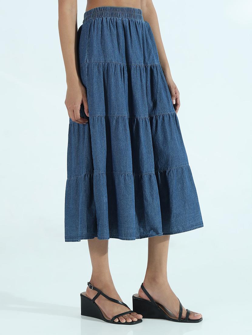 women solid mid rise denim tiered skirt - 21941769 - Standard Image - 3