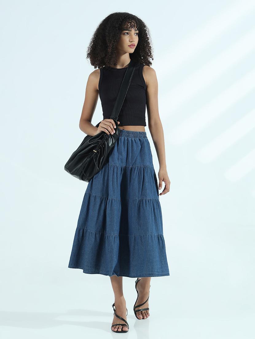 women solid mid rise denim tiered skirt - 21941769 - Standard Image - 5