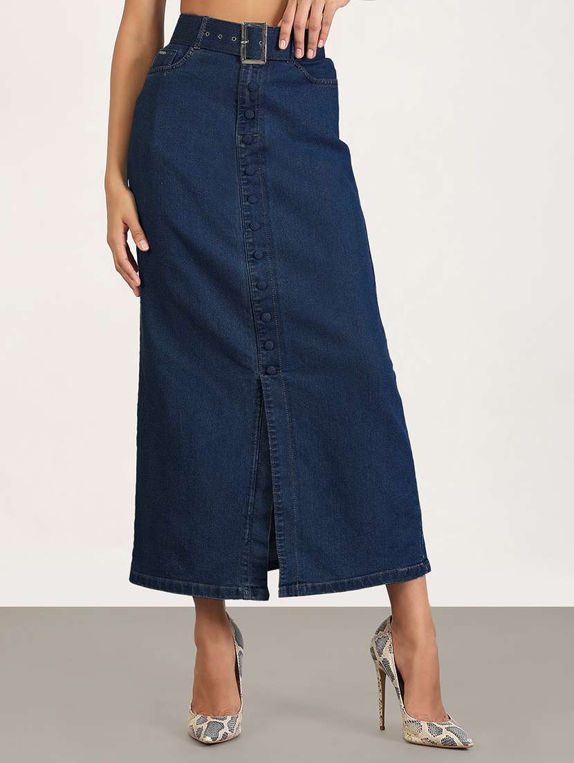 women solid high rise denim maxi skirt