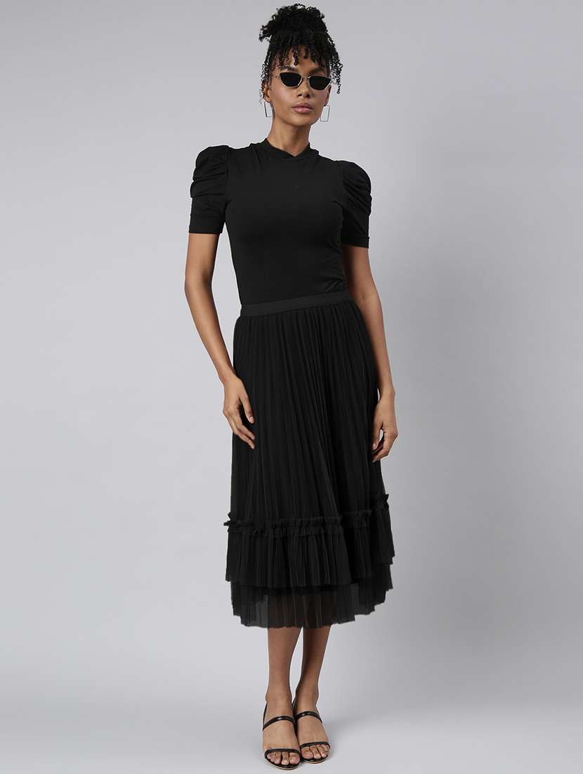 women black solid high rise tiered skirt - 21941779 -  Standard Image - 5