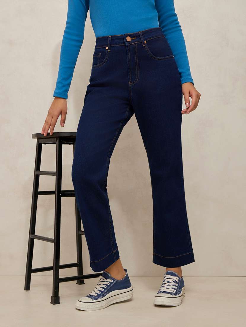 women solid high rise bootcut jeans