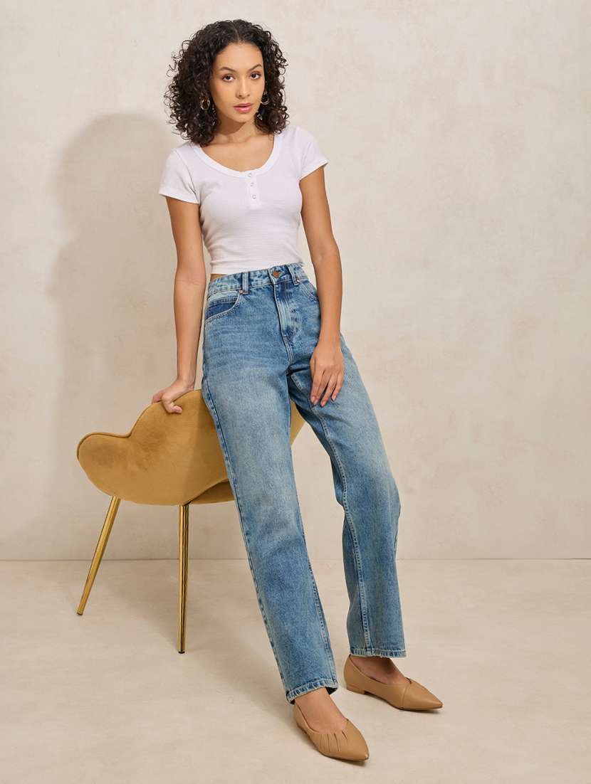 women solid high rise straight fit jean - 21941818 - Standard Image - 5