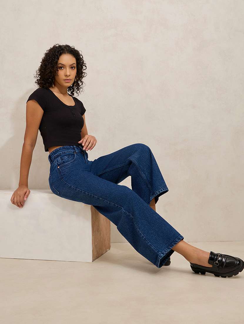 women solid high rise wide leg jean - 21941822 -  Standard Image - 5