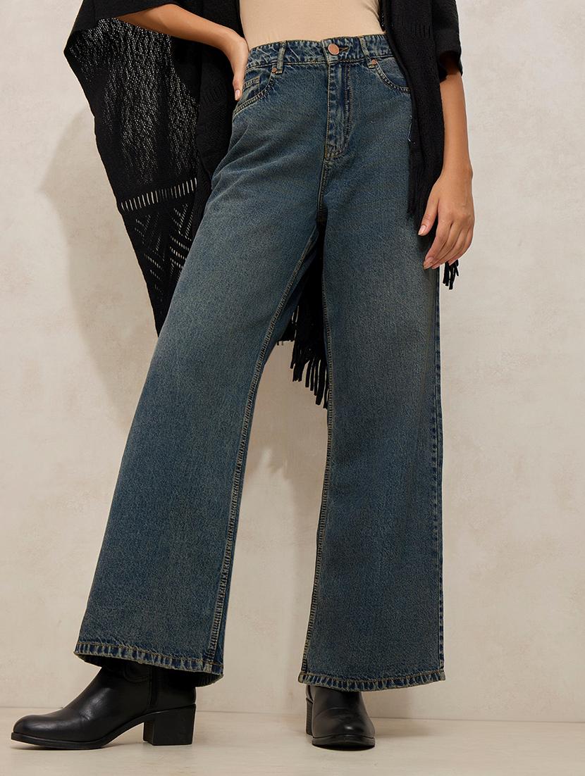 women solid high rise wide leg jean