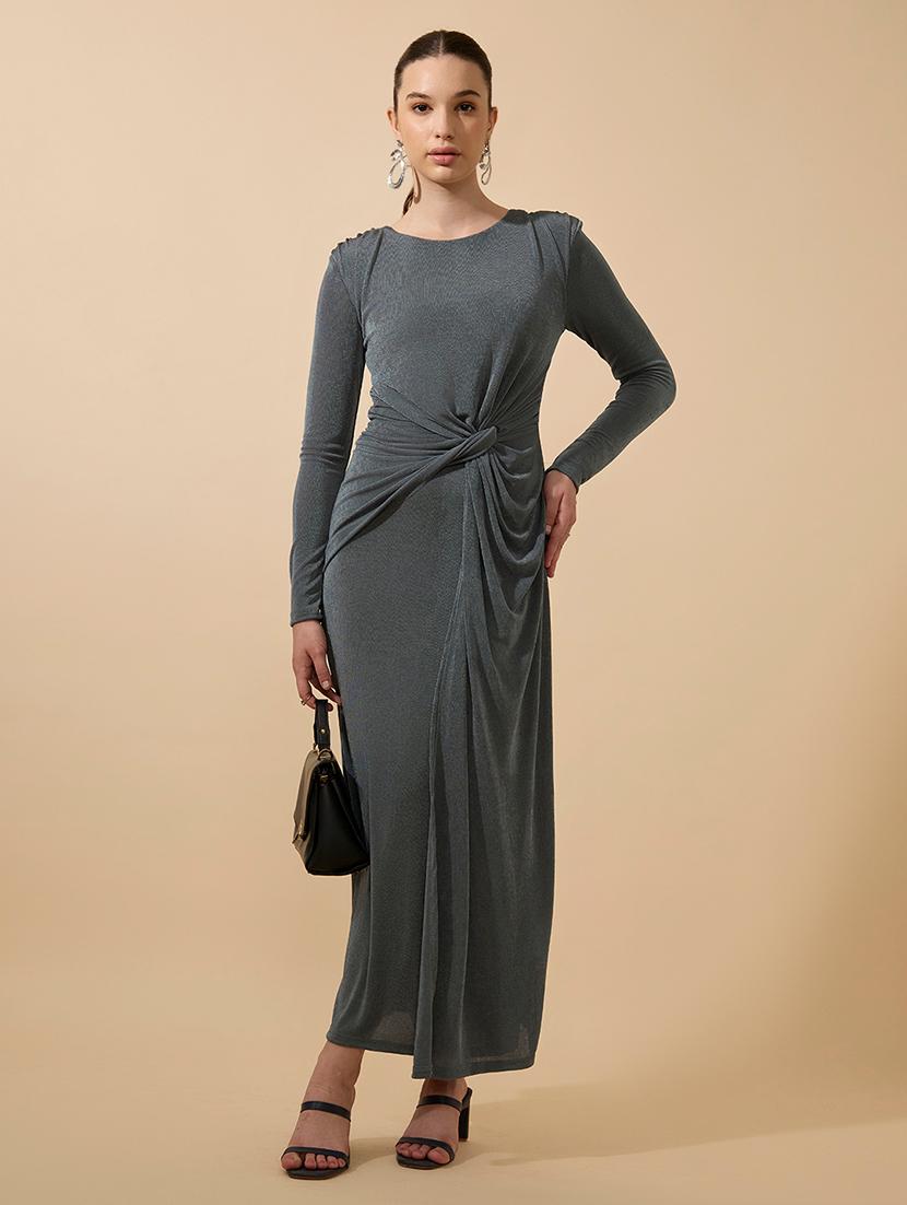 women solid twisted front long sleeves shaeth dress - 21941835 -  Zoom Image - 0