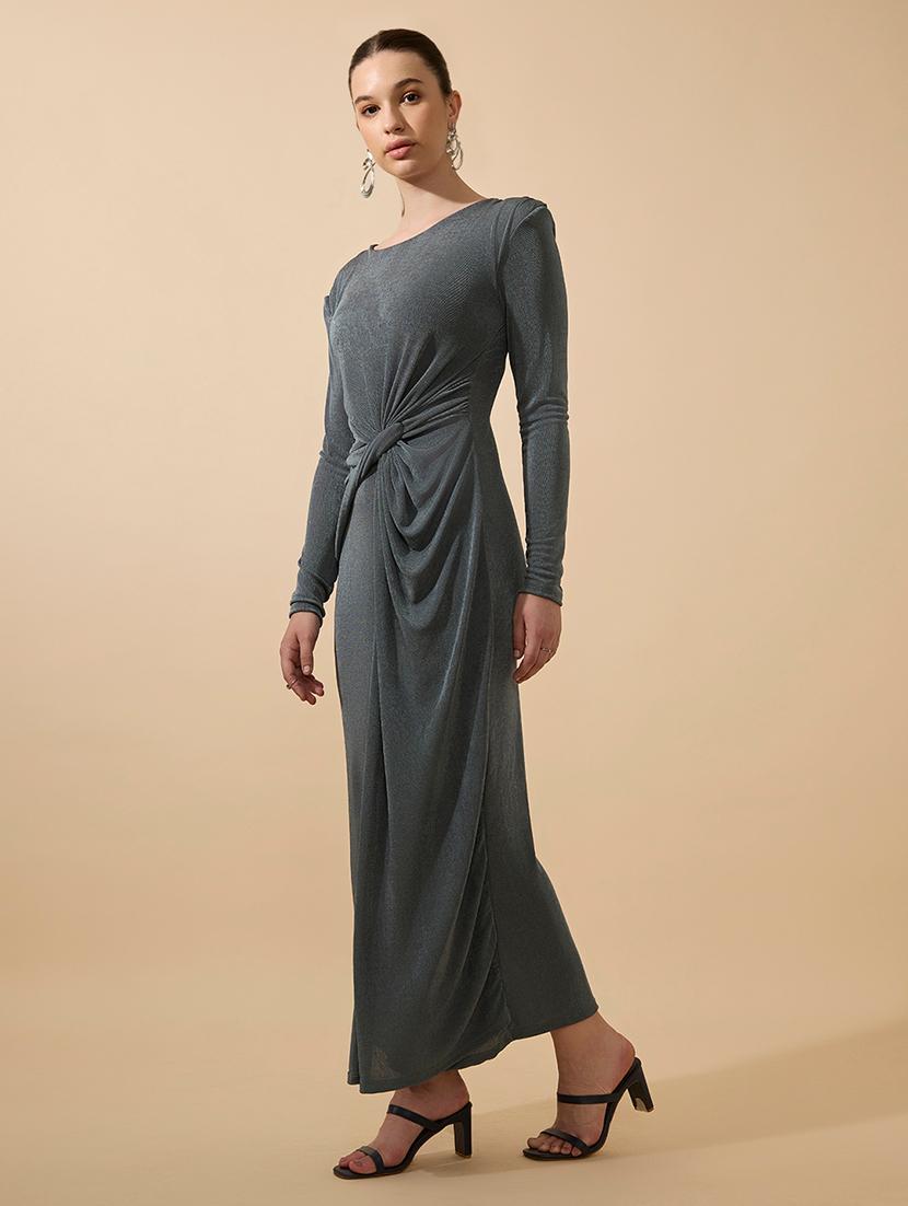 women solid twisted front long sleeves shaeth dress - 21941835 - Standard Image - 3