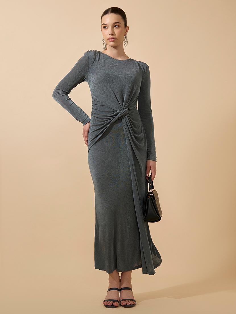 women solid twisted front long sleeves shaeth dress - 21941835 - Standard Image - 5