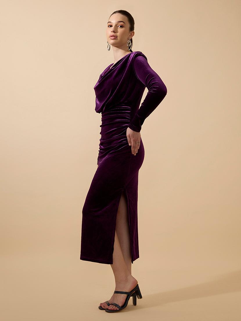 women solid long sleeve cowl neck bodycon dress - 21941838 - Standard Image - 3