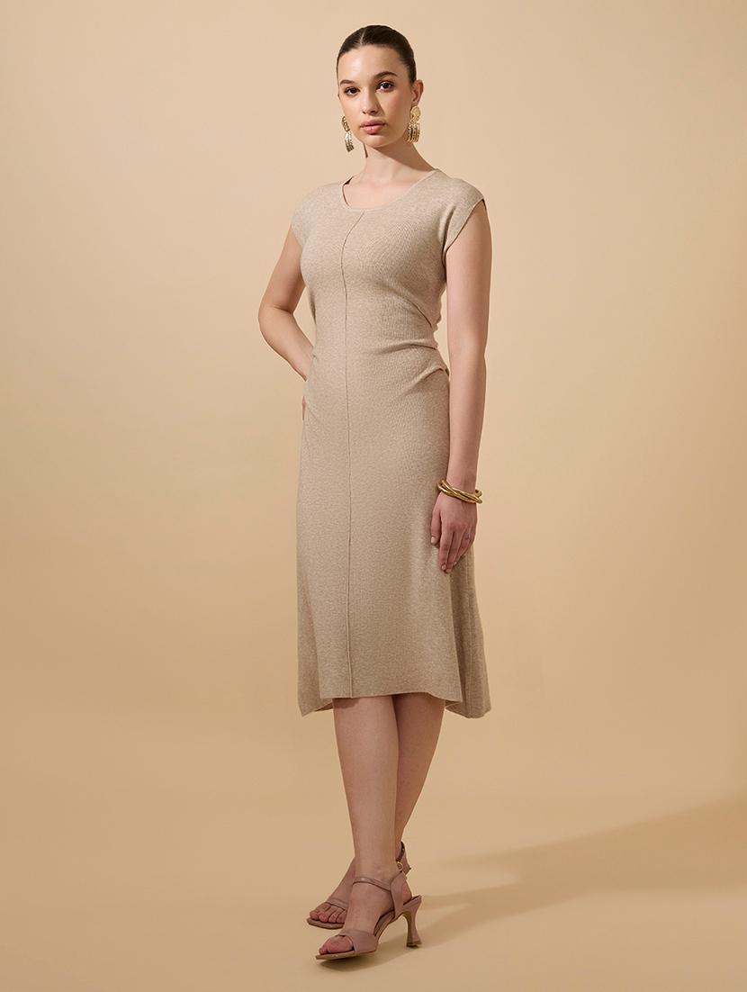 women beige solid cap sleeves a-line dress - 21941854 - Standard Image - 3