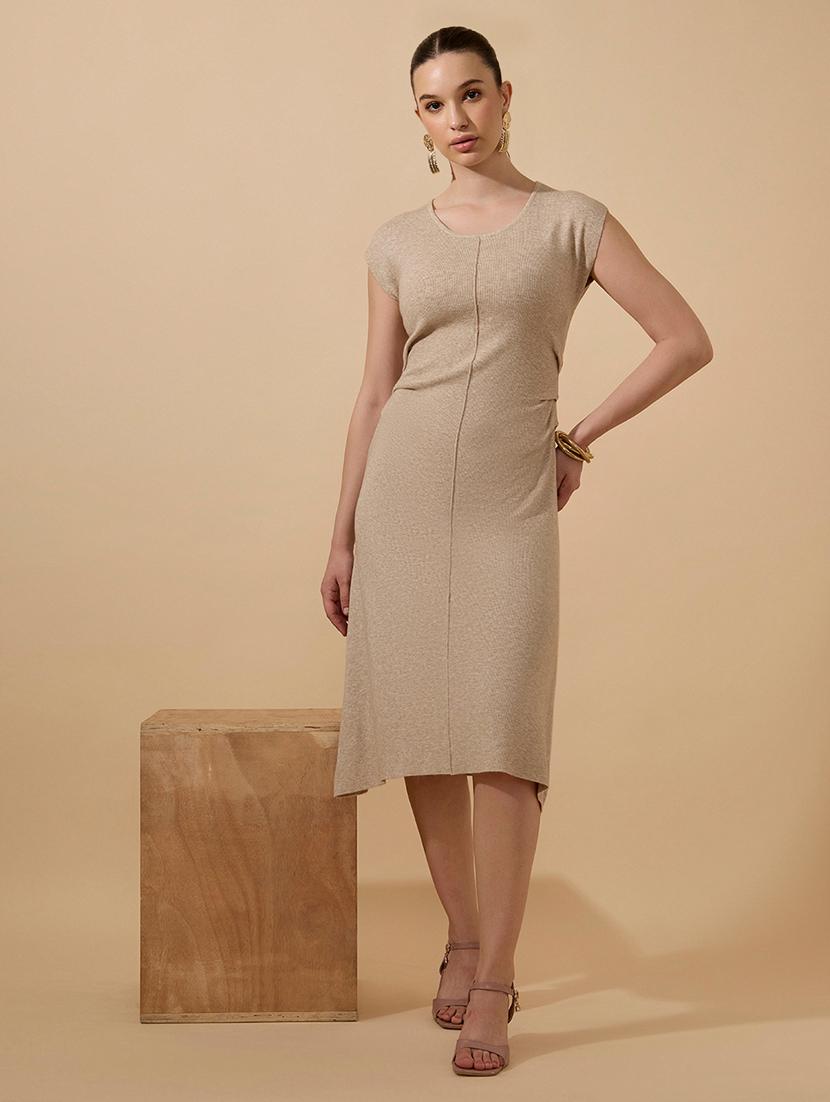 women beige solid cap sleeves a-line dress - 21941854 - Standard Image - 5