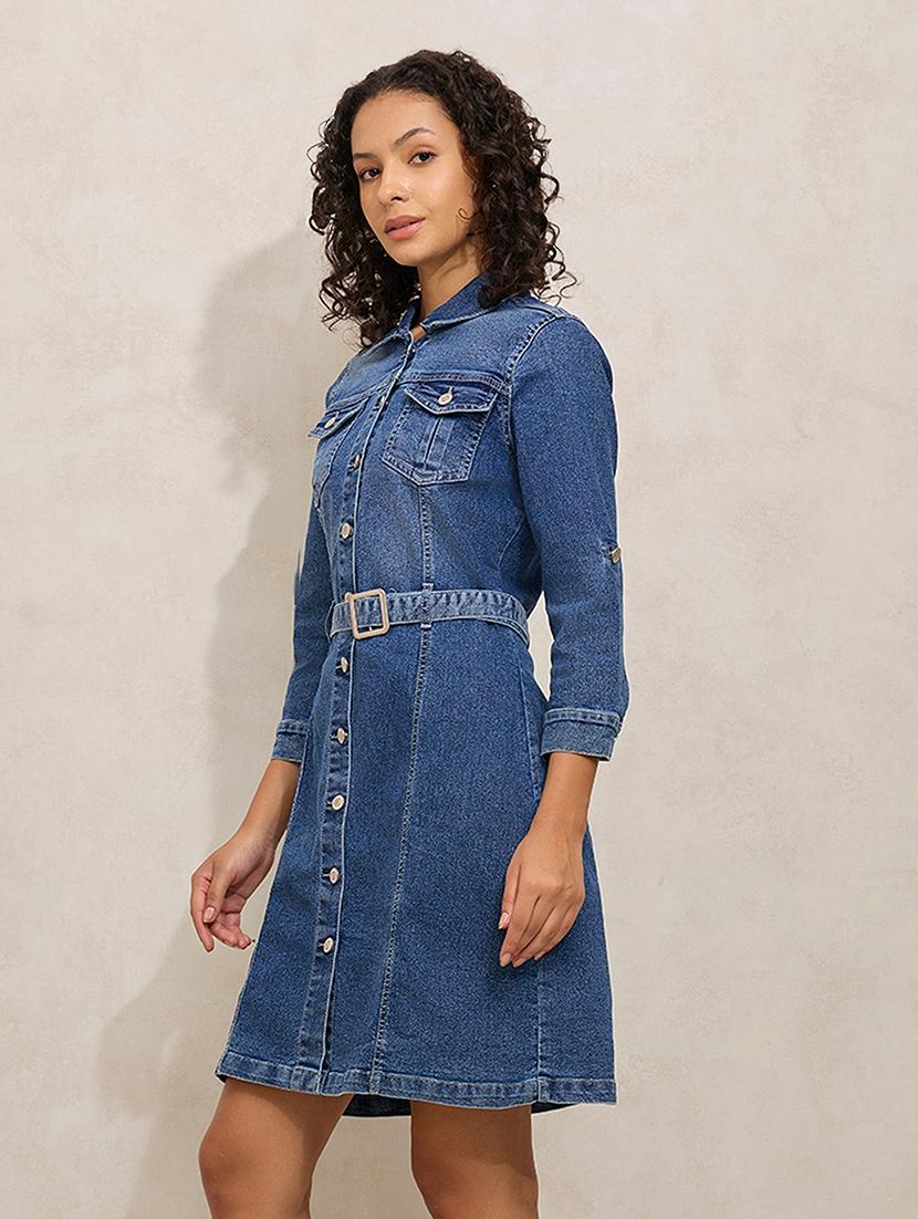 women solid collared denim shirt dress - 21941856 - Standard Image - 3