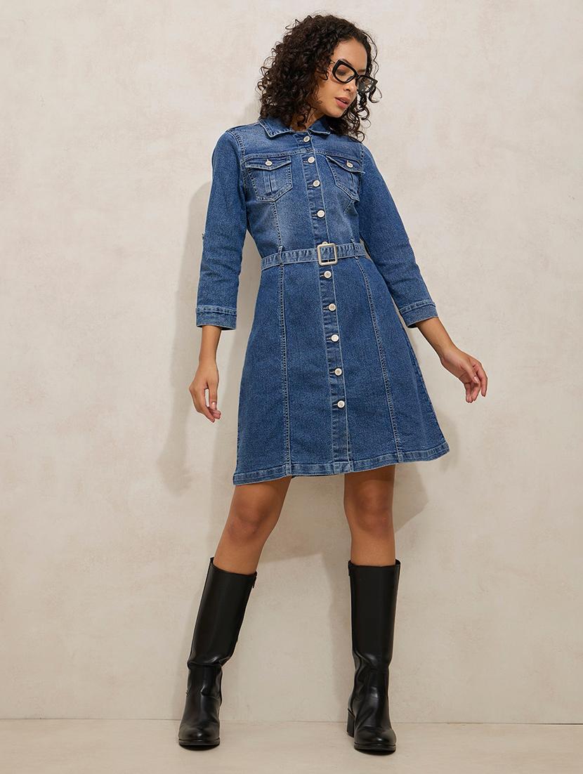 women solid collared denim shirt dress - 21941856 - Standard Image - 5