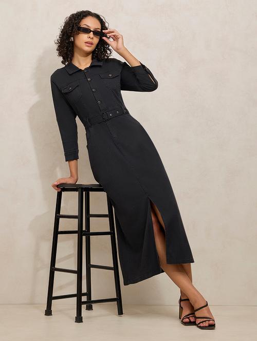 women black solid collared belted dress - 21941857 - Standard Image - 0