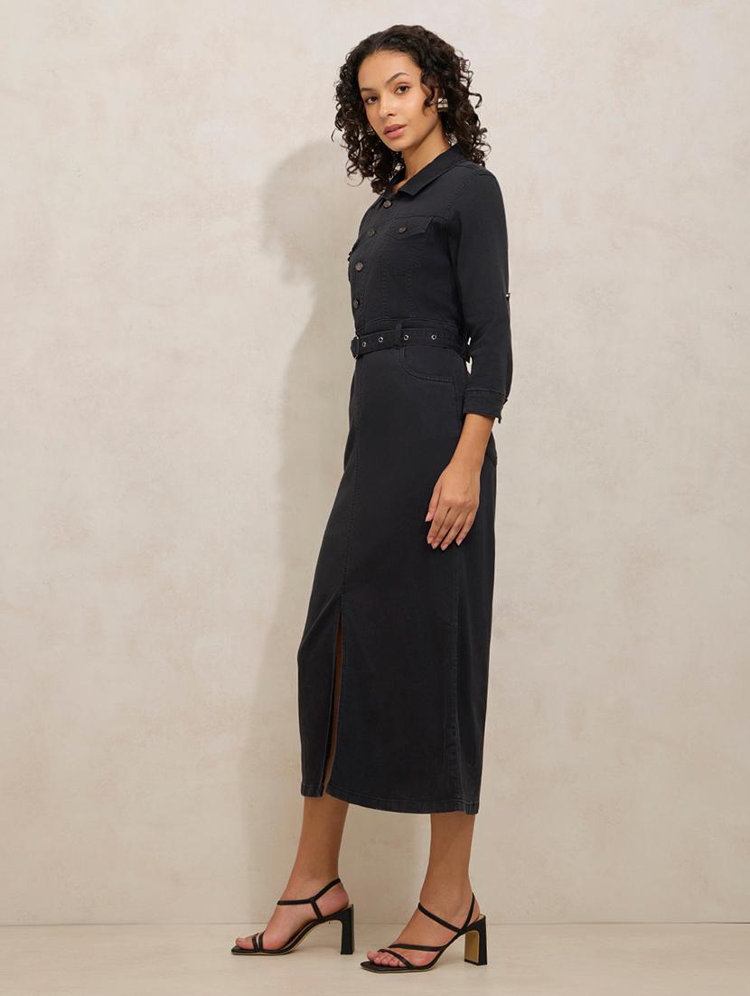 women black solid collared belted dress - 21941857 - Standard Image - 3