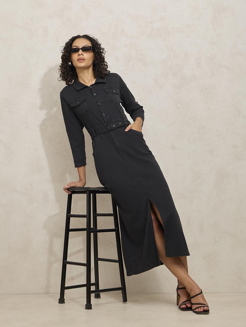 women black solid collared belted dress - 21941857 - Standard Image - 5