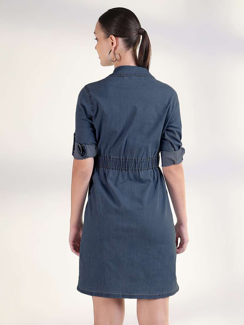 women solid roll-up sleeve denim shirt dress - 21941861 -  Standard Image - 3