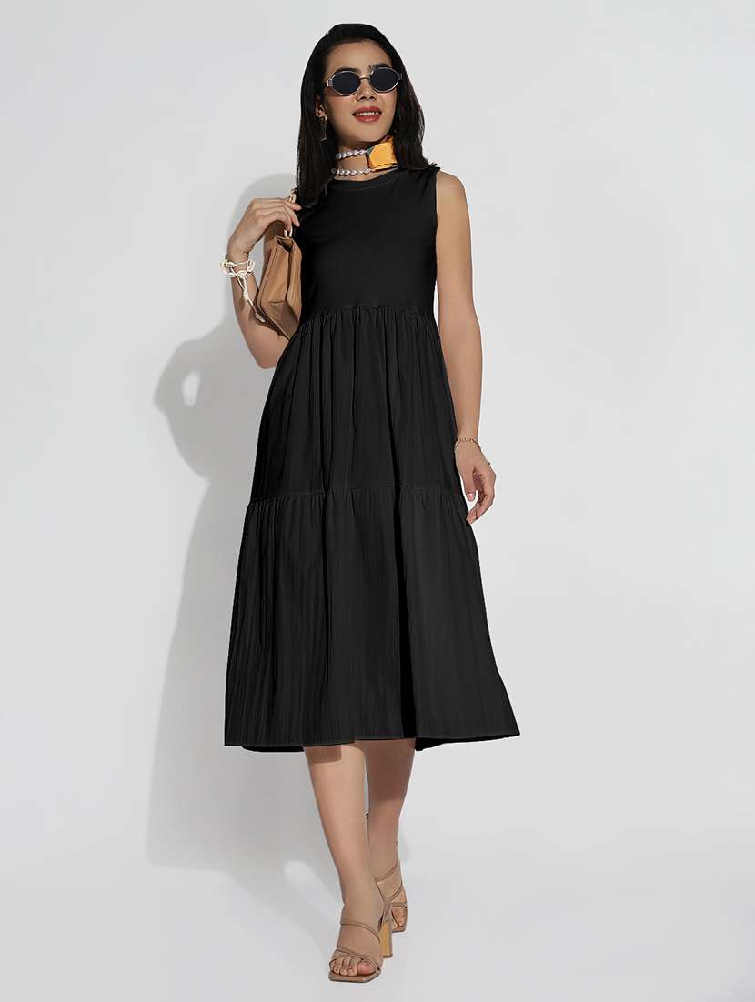 women black solid sleveeless tiered dress - 21941862 -  Standard Image - 5
