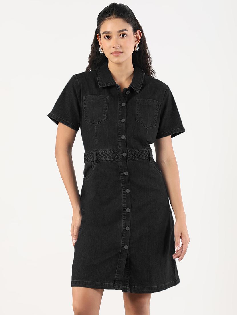 women solid short sleeve denim shirt dress - 21941863 -  Zoom Image - 0