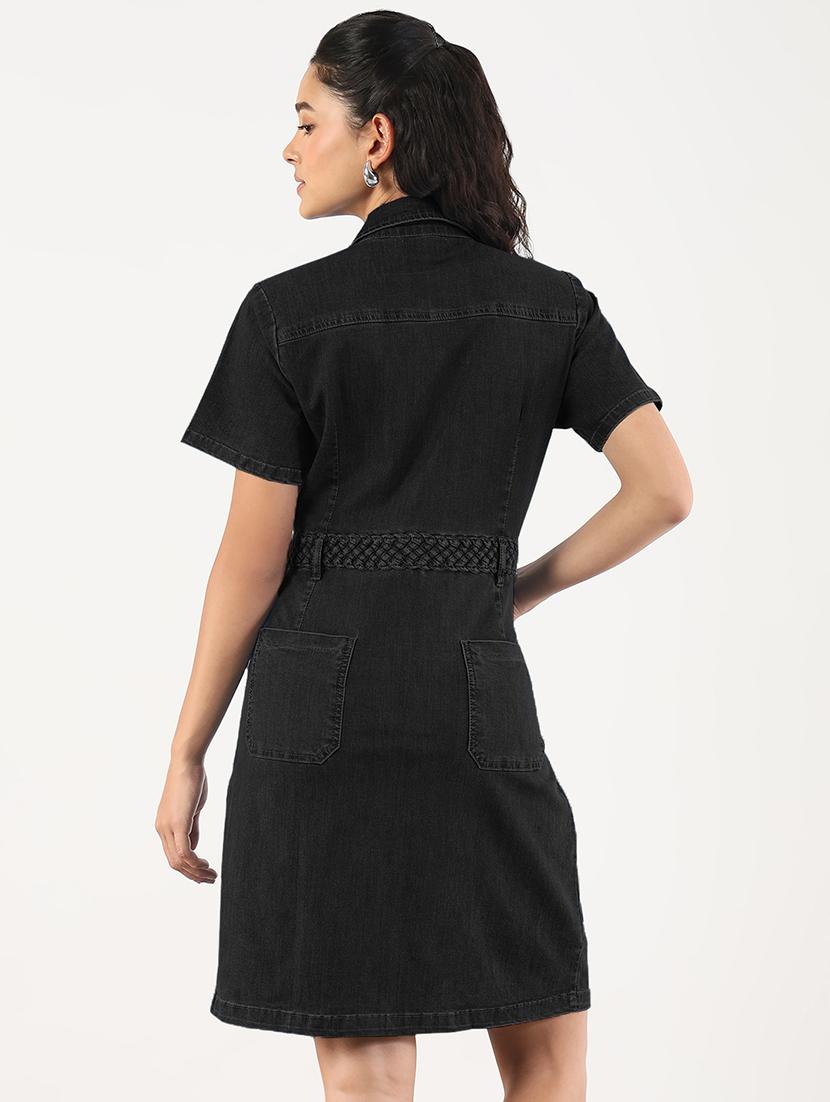 women solid short sleeve denim shirt dress - 21941863 - Standard Image - 3