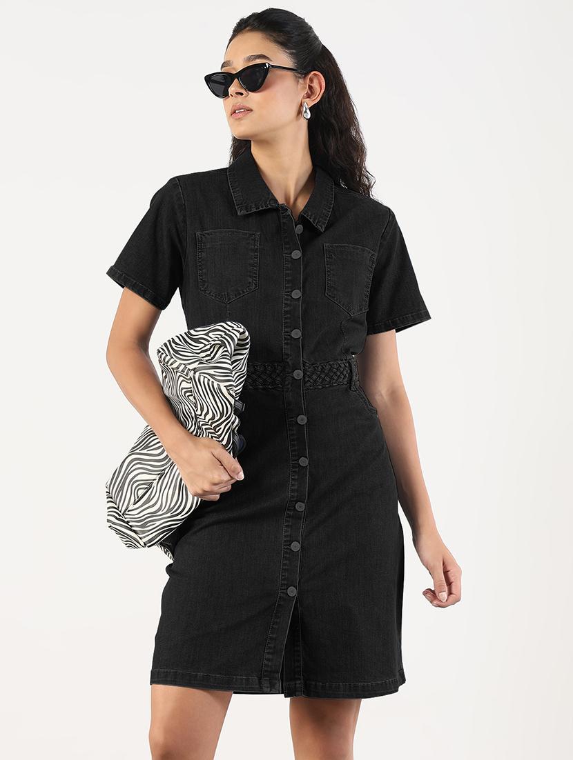women solid short sleeve denim shirt dress - 21941863 - Standard Image - 5