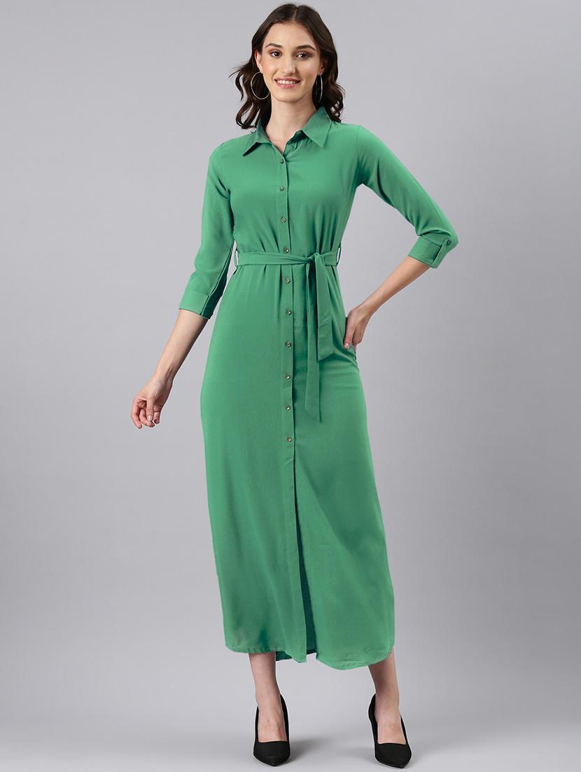 women green solid collared maxi shirt dress - 21941865 -  Zoom Image - 0