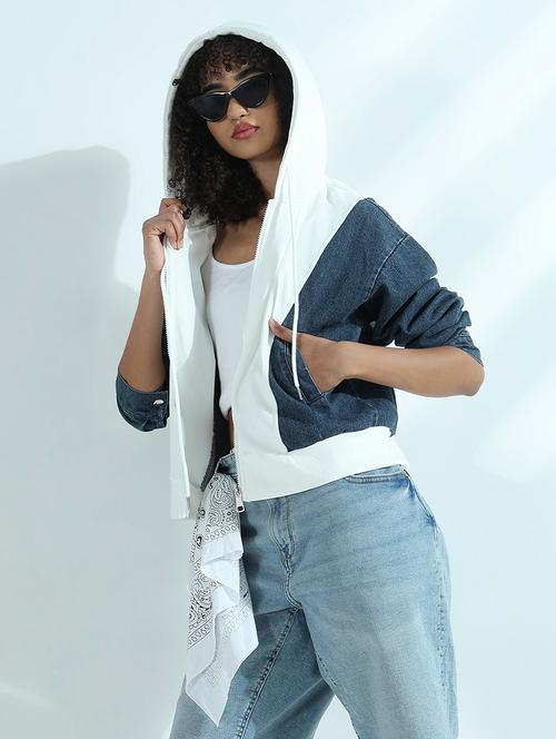 women color blocked long sleeve hooded denim jacket - 21941867 -  Standard Image - 0