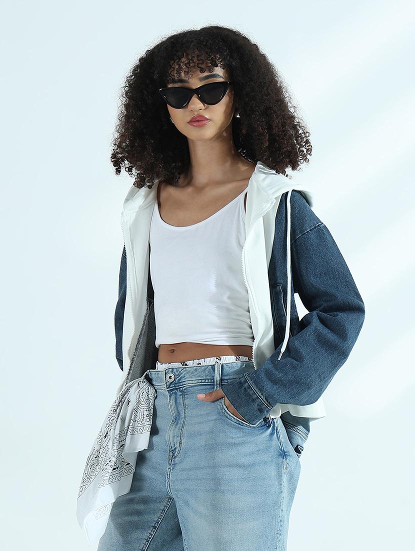 women color blocked long sleeve hooded denim jacket - 21941867 - Standard Image - 3