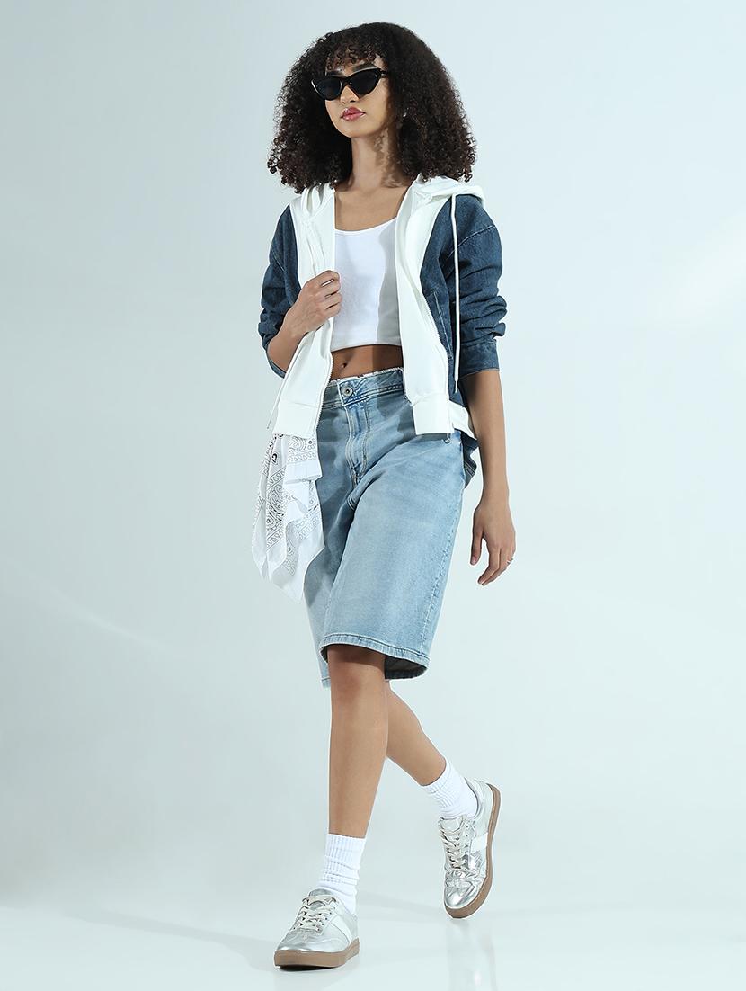 women color blocked long sleeve hooded denim jacket - 21941867 - Standard Image - 5