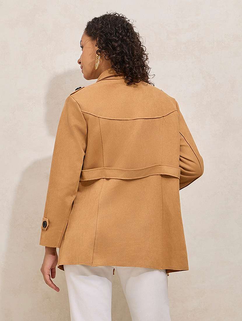 women solid notch lapel long sleeve trench coat - 21941871 -  Standard Image - 5