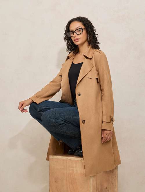women solid notch lapel long sleeve trench coat - 21941874 -  Standard Image - 0