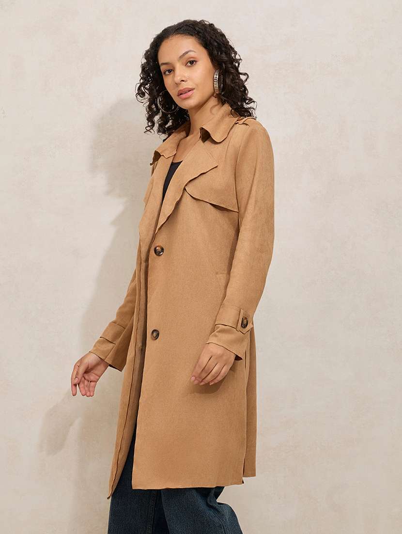 women solid notch lapel long sleeve trench coat - 21941874 -  Standard Image - 3