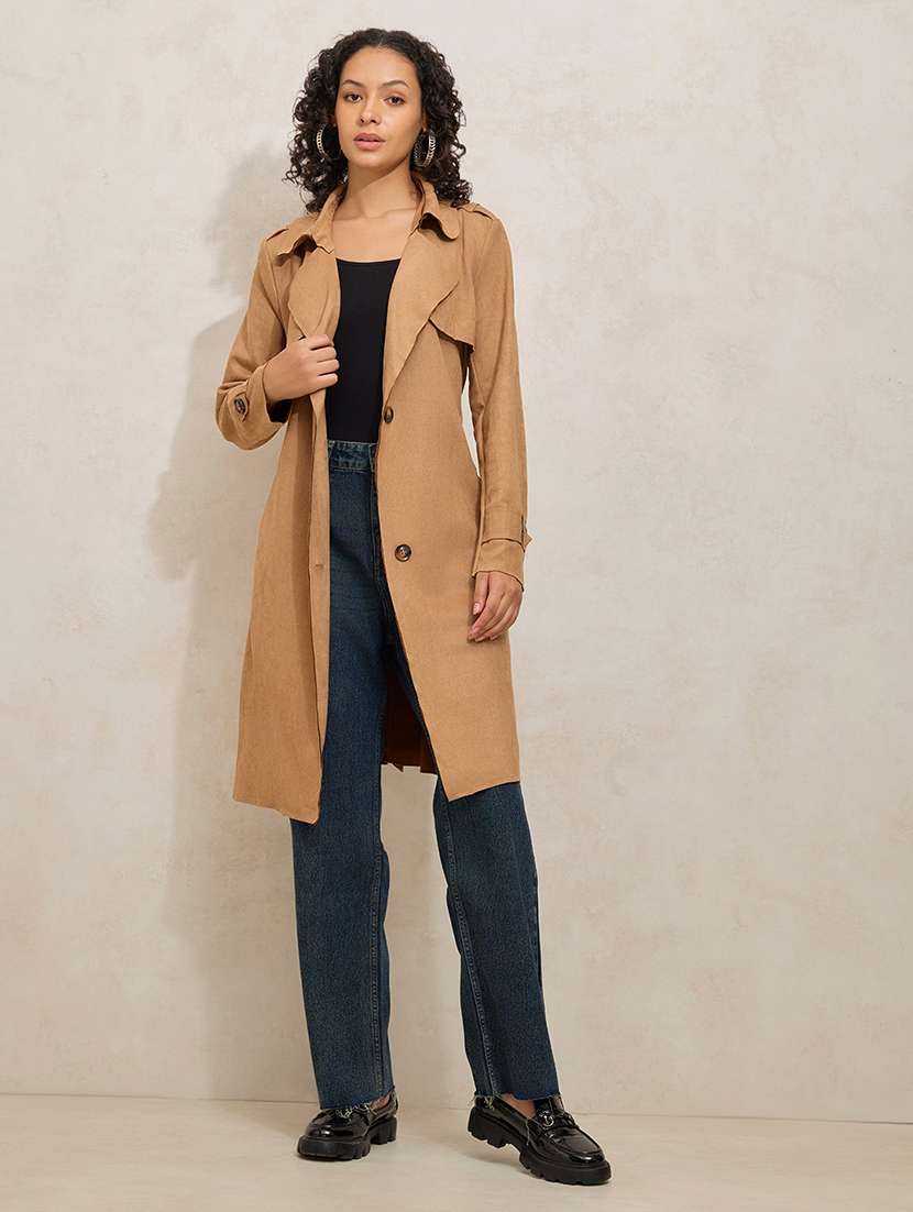 women solid notch lapel long sleeve trench coat - 21941874 -  Standard Image - 5
