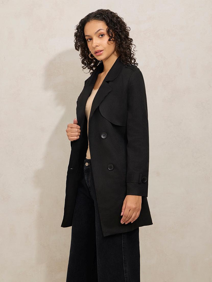 women solid notch lapel long sleeve trench coat - 21941875 - Standard Image - 3